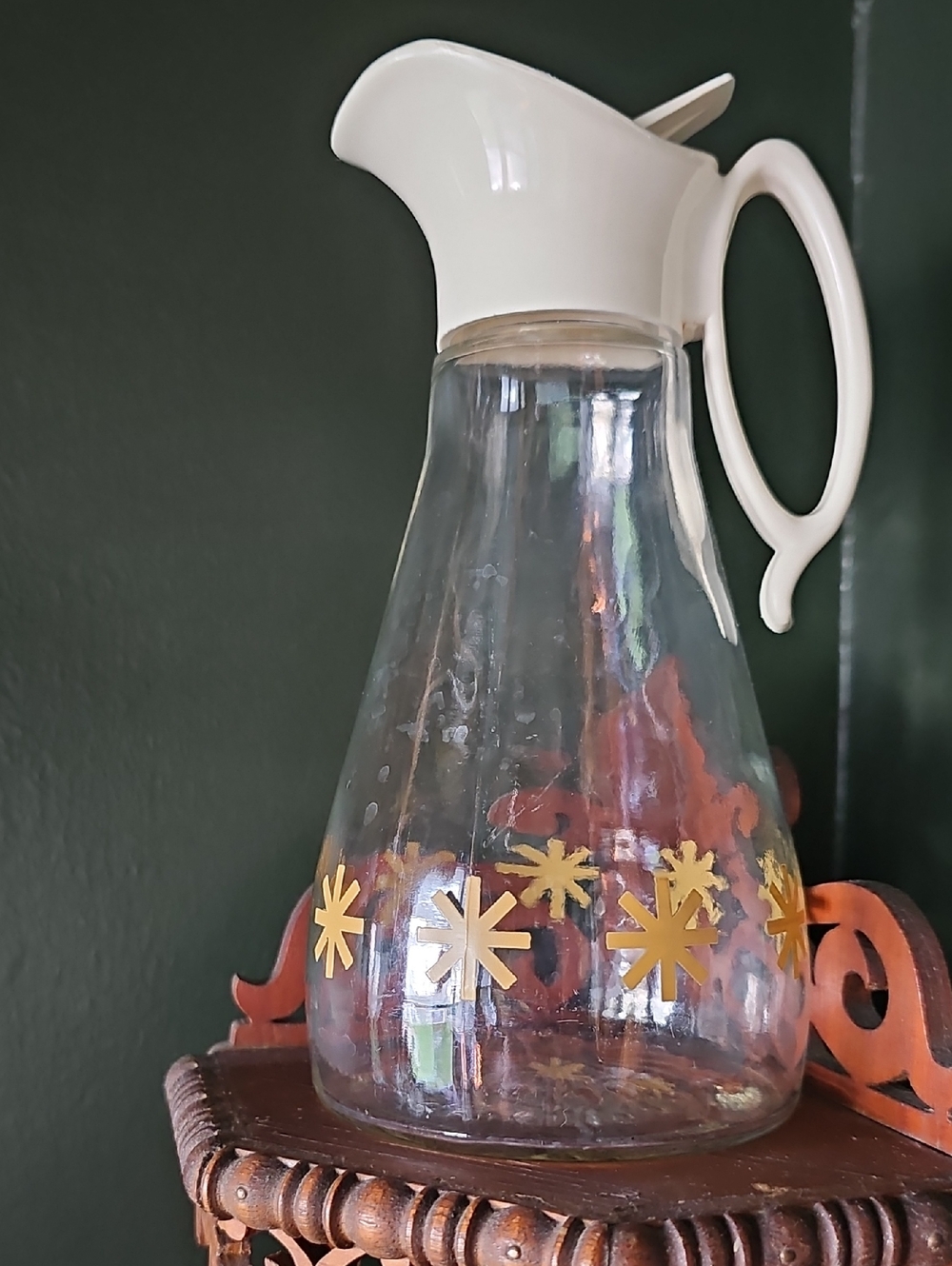Vintage Log Cabin Glass Dispener Pitcher with Gold Atomic Starburst